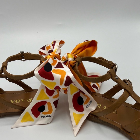 NIB Prada Women's Brown Leather Gladiator Sandals 1X096M With Silk Scarf Size 37 - Picture 8 of 16